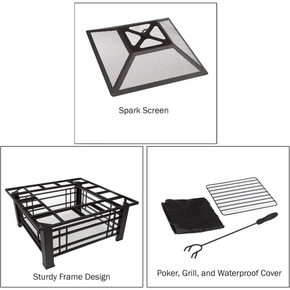 Fire Pit Set, Log Poker - Great for Outdoor and Patio, 32” Square Tile