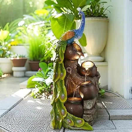Outdoor Water Fountain with LED Light, Children Playing with Faucet Waterfall Fountains, Antique Bronze Resin