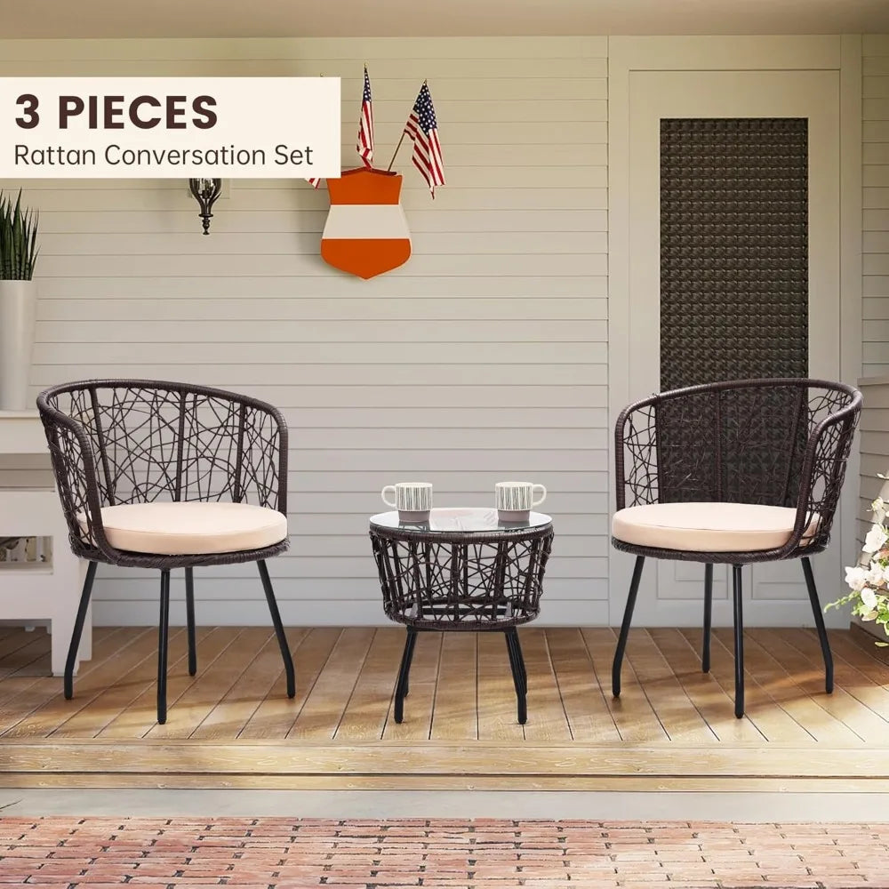 Boho 3 Piece Bistro Set, Modern Outdoor Wicker Patio Furniture with Tempered Glass Table Top and 2 Chairs, Washable Cushions, B