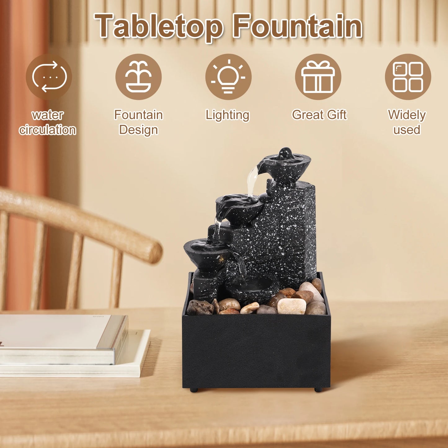 Tabletop Waterfall Relaxation Meditation Desktop Fountain with Soft Lights Flowing Water Ornaments