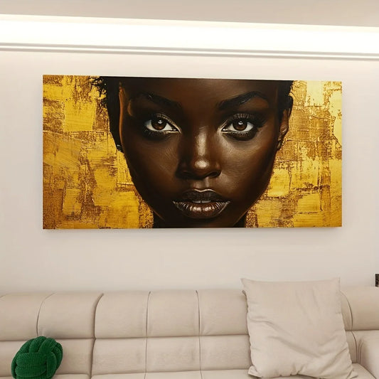 Elegant abstract female portrait canvas art - 1.5-inch thick pine frame, vivid gold and brown tones, upholstery