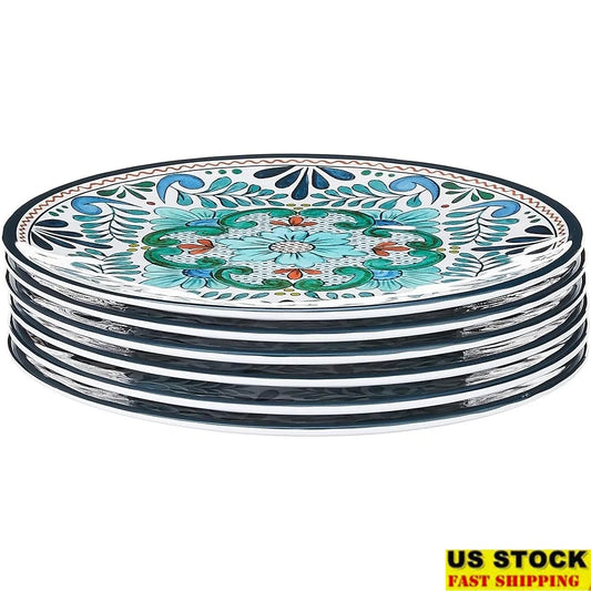 Set of 6 Talavera 9 Inch Melamine Salad Dessert Plates Heavy Duty Dishwasher Safe Indoor Outdoor Use Multicolor