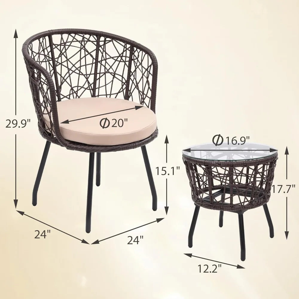 Boho 3 Piece Bistro Set, Modern Outdoor Wicker Patio Furniture with Tempered Glass Table Top and 2 Chairs, Washable Cushions, B
