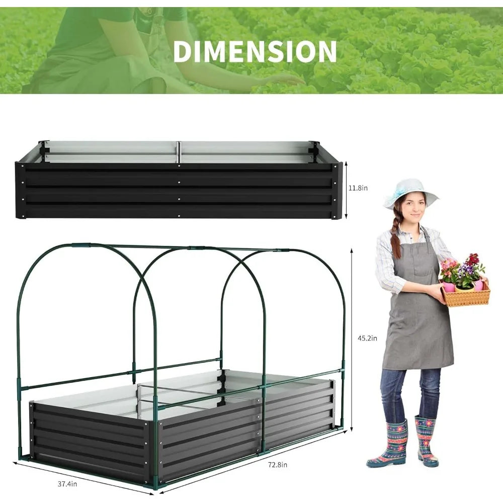 Galvanized Raised Garden Bed with Cover, 71"x35.4"x45.2" Metal Planter Bottomless Box w/ 2 Roll-Up Windows Mini Greenhouse
