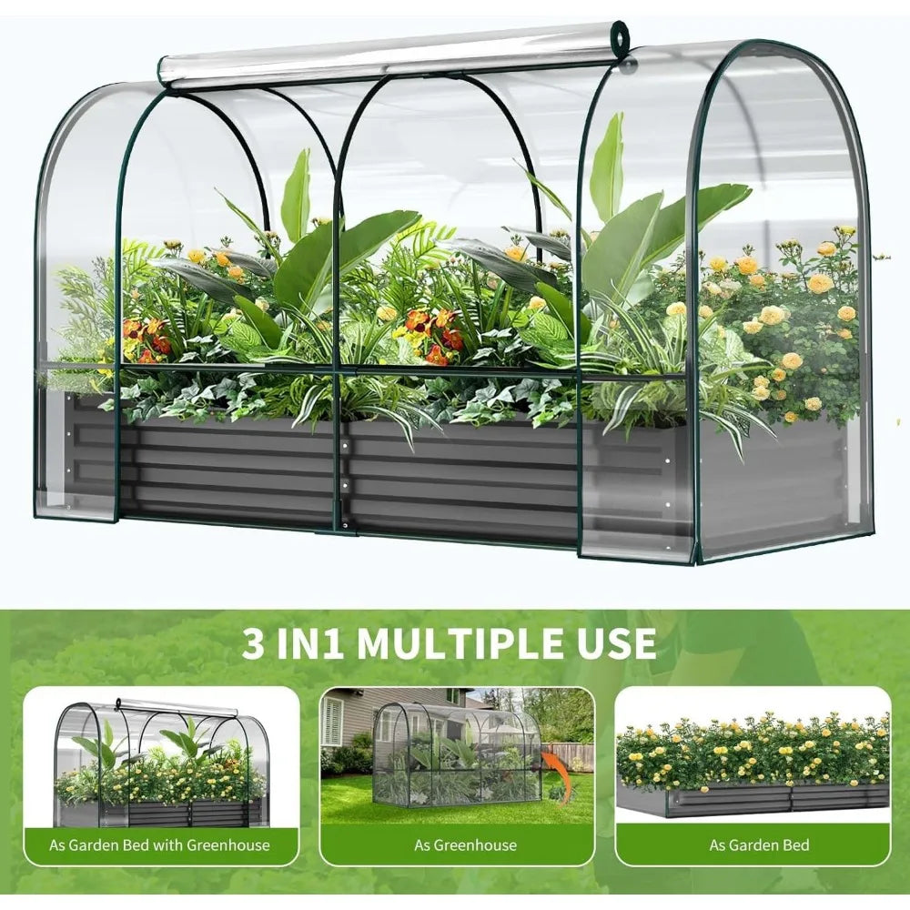 Galvanized Raised Garden Bed with Cover, 71"x35.4"x45.2" Metal Planter Bottomless Box w/ 2 Roll-Up Windows Mini Greenhouse