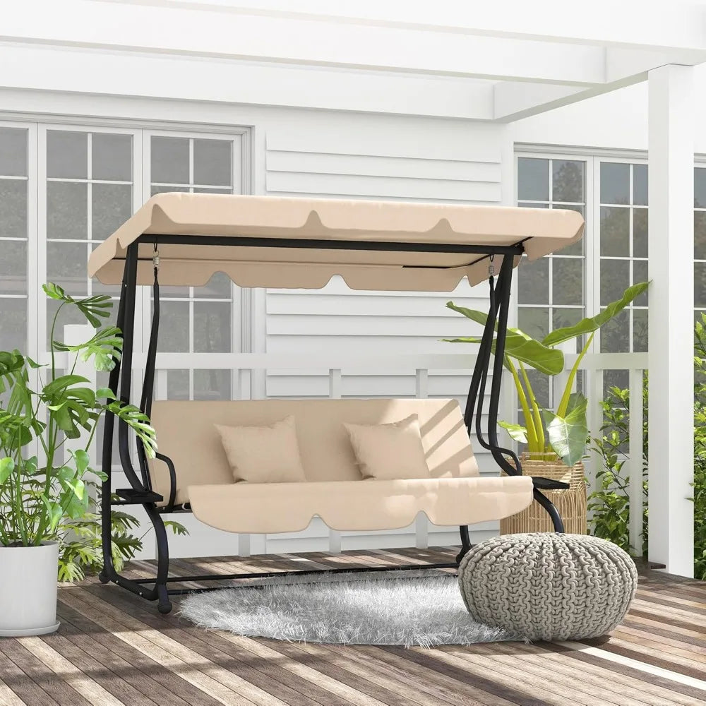 3-Seat Outdoor Patio Swing Chair, Converting Flatbed, Outdoor Swing Glider with Adjustable Canopy, Removable Cushion and Pillow