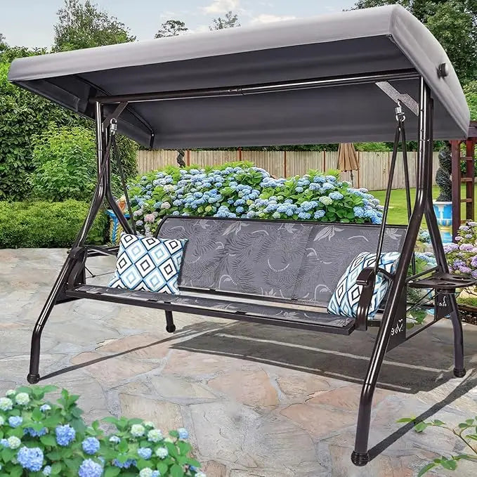 3 Person Patio Swing  for Adults, with Adjustable Canopy &Upgraded Cup Holders,Textilene Fabric Porch Swing Chair