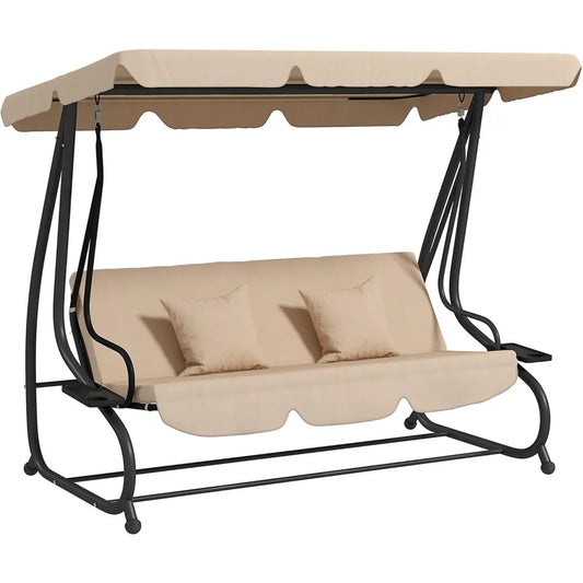 3-Seat Outdoor Patio Swing Chair, Converting Flatbed, Outdoor Swing Glider with Adjustable Canopy, Removable Cushion and Pillow