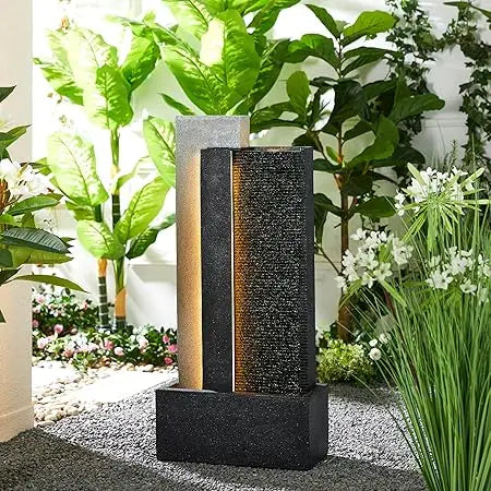 Outdoor Water Fountain with LED Light, Children Playing with Faucet Waterfall Fountains, Antique Bronze Resin