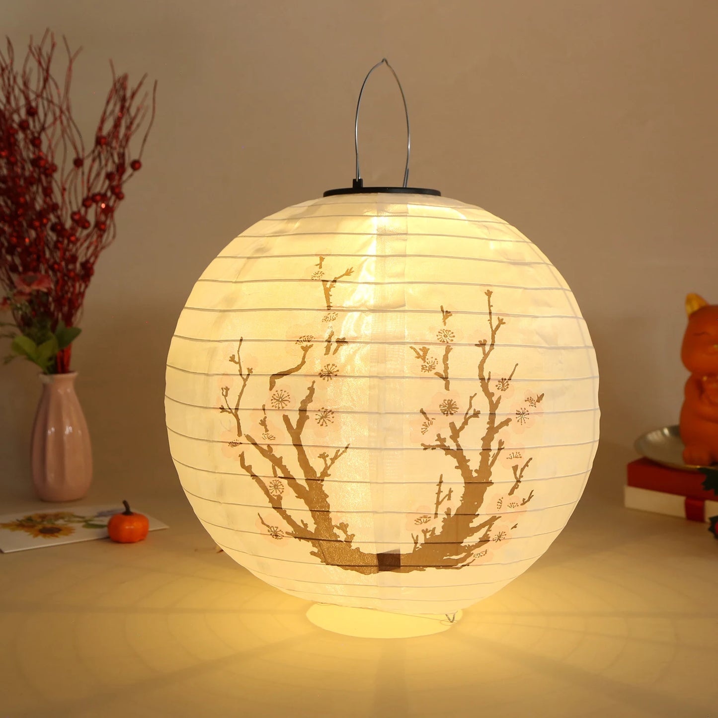 30cm Solar Power LED Plum Blossom Lights IP65 Waterproof Chinese Traditional Hanging Lanterns for Garden Porch