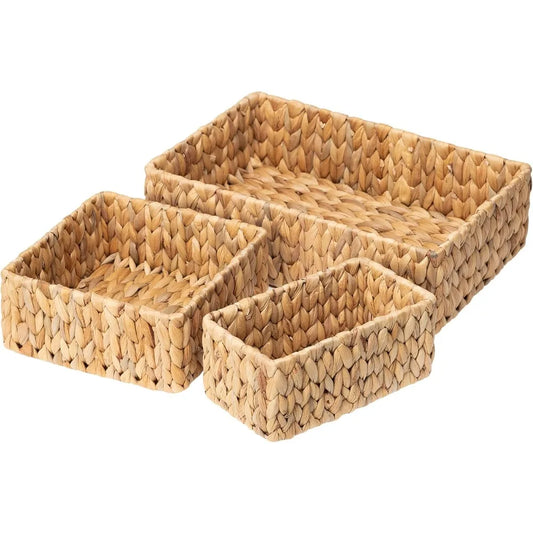 Wicker Baskets for Organizing 3Pack, Large and Small Wicker Storage Baskets Set, Hand Woven Baskets for Storage, Natural Water