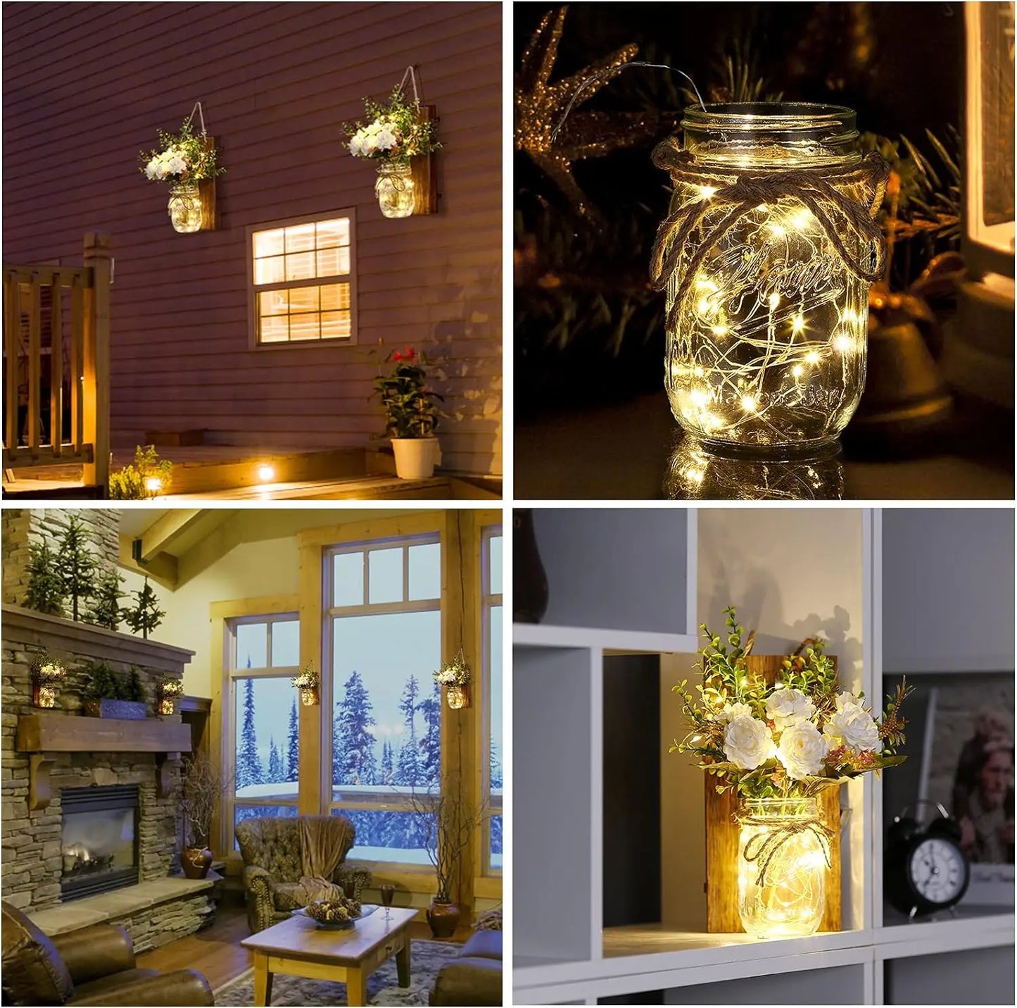 Lightess Mason Jar Wall Sconce with Flower Wood Decoration LED Fairy Lights Rustic Wall Lamp