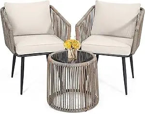 Boho 3 Piece Bistro Set, Modern Outdoor Wicker Patio Furniture with Tempered Glass Table Top and 2 Chairs, Washable Cushions, B