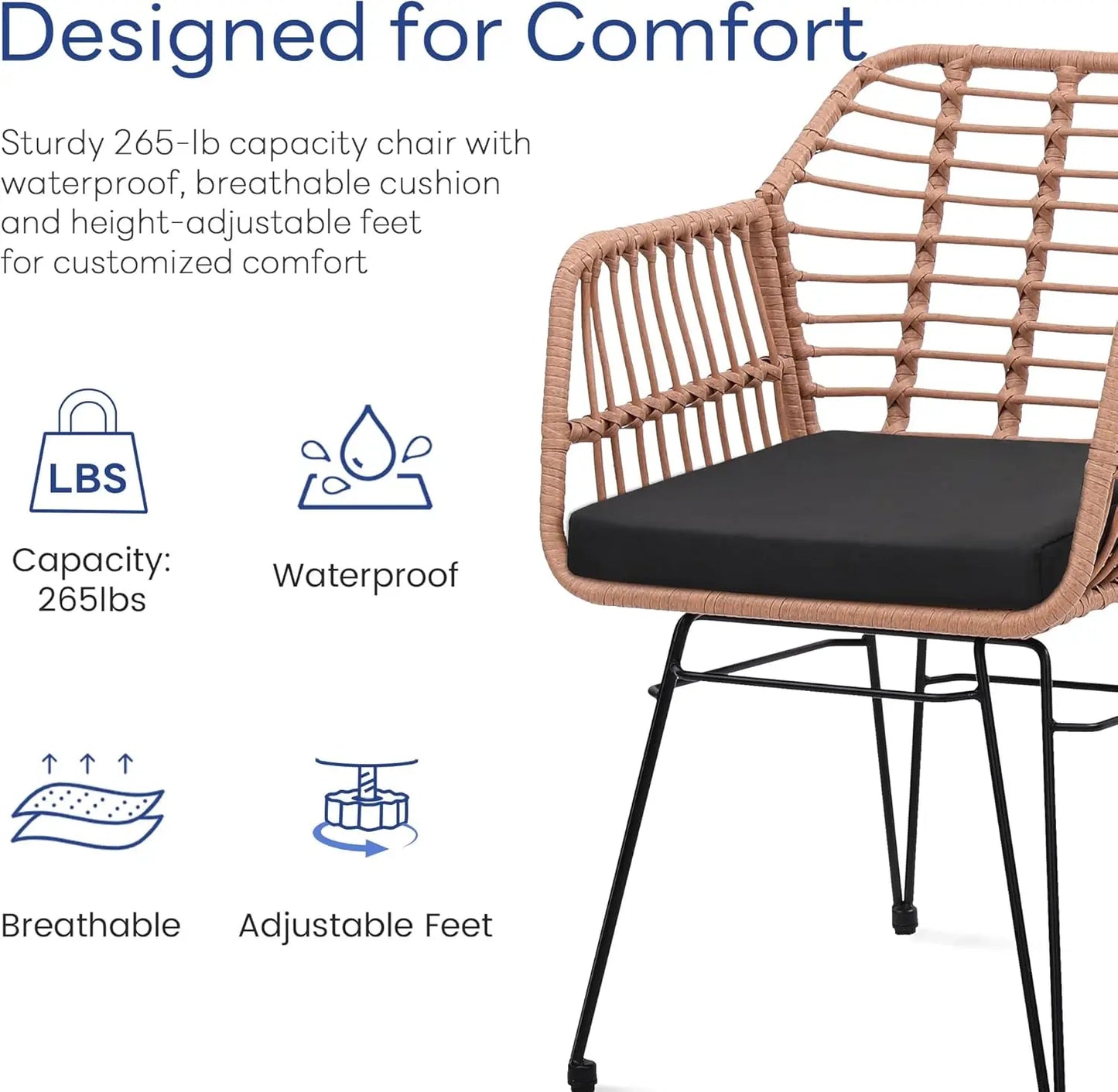3 Piece Wicker Patio Bistro Furniture Set, Includes 2 Rattan Chairs and Glass Top Table