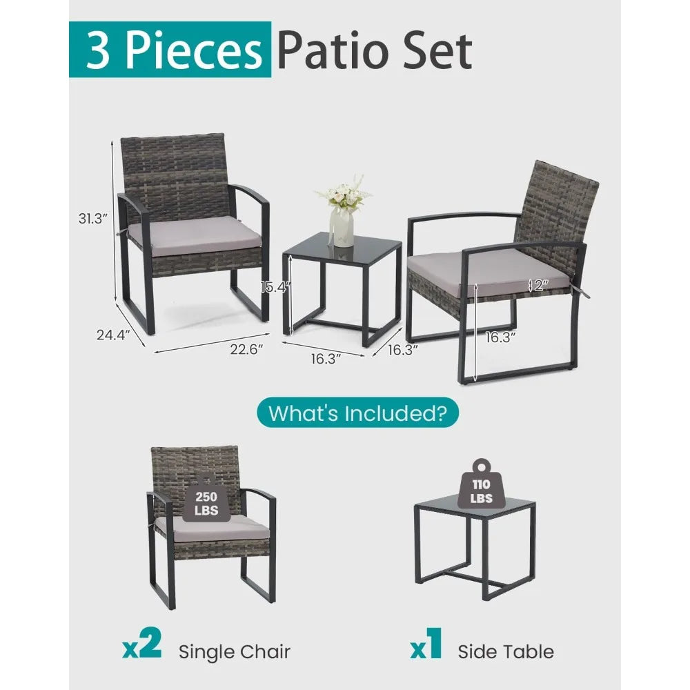 3 Pieces Patio Furniture Set, Outdoor with Coffee Table, Durable Steel Frame with Strapped Cushions for Garden