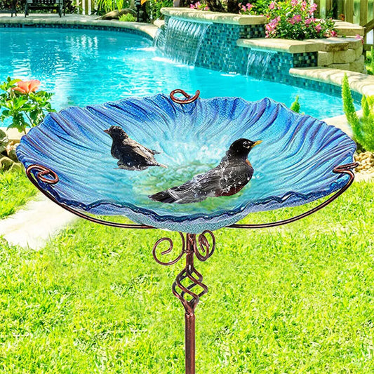 Glass Bird Bath with Stake for Yard Garden, 4-Prong Freestanding Bowl, Outdoor Fountain
