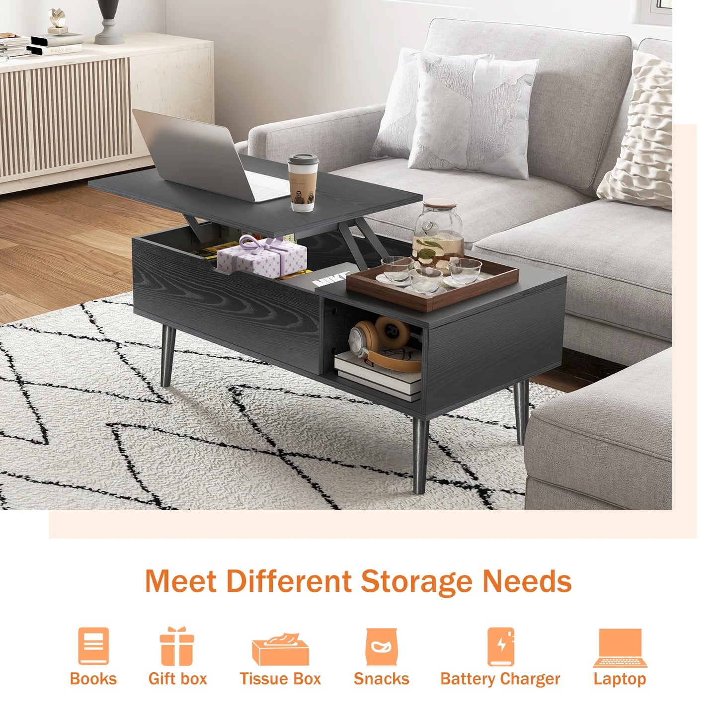 JHK Lift Top Coffee Tables For Living Room 39.37"x19.7" Desk Tea Wood Adjustable Storage Shelf Easy Lift