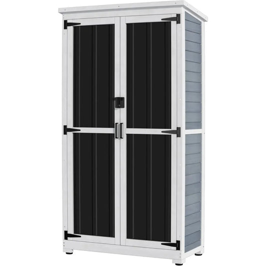 Outdoor Storage Cabinet Wood & Metal Garden Shed With Waterproof Roof and Sturdy Lockable Doors  66"