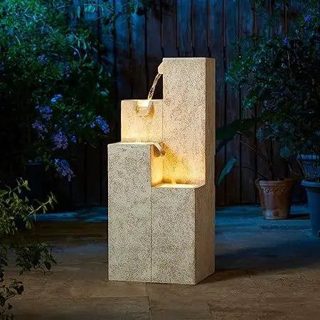 Outdoor Water Fountain with LED Light, Children Playing with Faucet Waterfall Fountains, Antique Bronze Resin