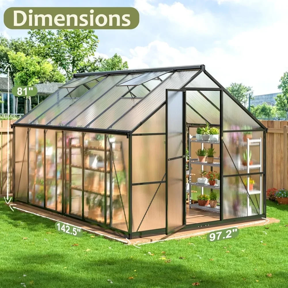 12x8 FT Polycarbonate Greenhouse with Roof Vent,