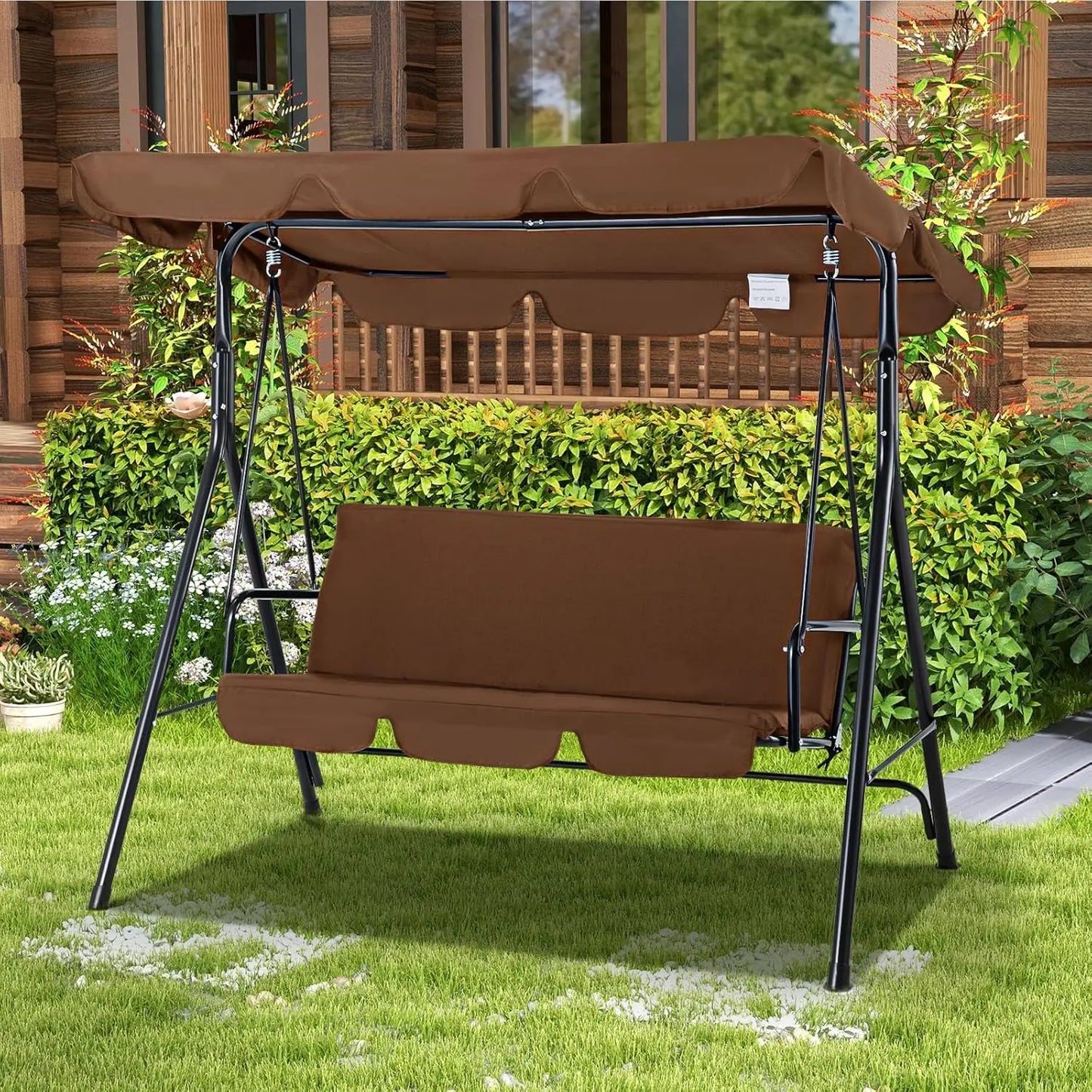3-Seat Glider Patio Swings with Removable Cushion and Adjustable Canopy, Porch Bench for Garden