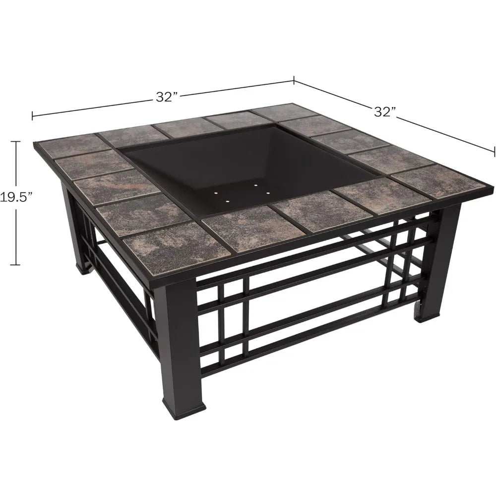 Fire Pit Set, Log Poker - Great for Outdoor and Patio, 32” Square Tile