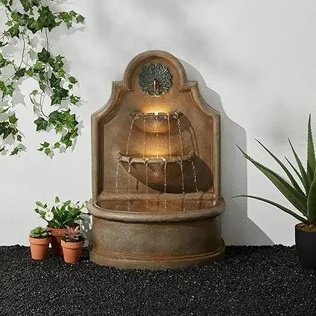 Outdoor Water Fountain with LED Light, Children Playing with Faucet Waterfall Fountains, Antique Bronze Resin