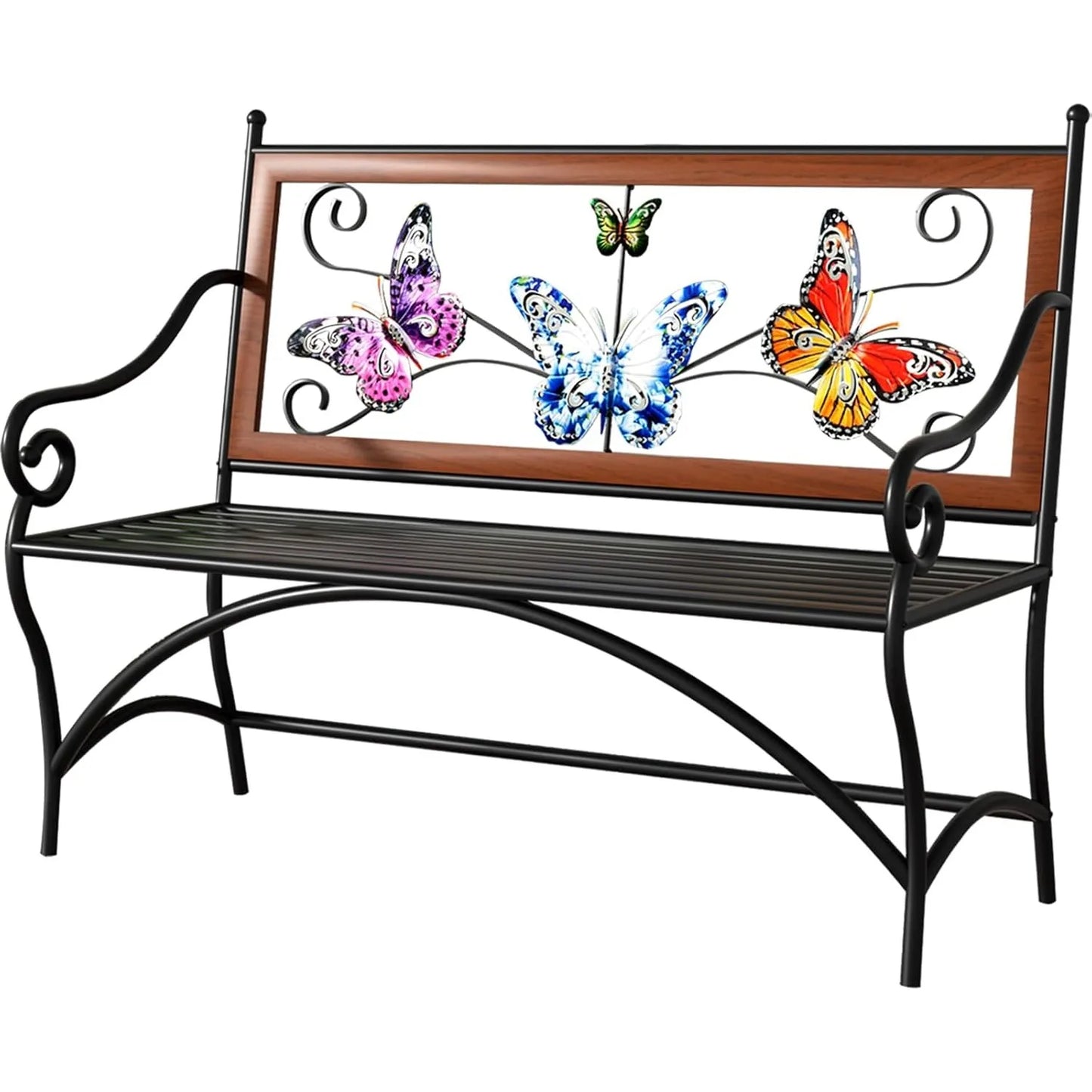 39.7" Outdoor Bench, Garden Bench, Patio Bench with Armrest, Slatted Seat and Butterfly Pattern Backrest for Outside,