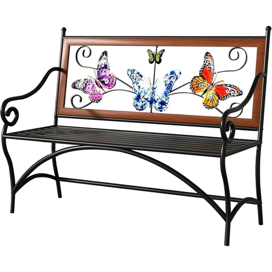 39.7" Outdoor Bench, Garden Bench, Patio Bench with Armrest, Slatted Seat and Butterfly Pattern Backrest for Outside,