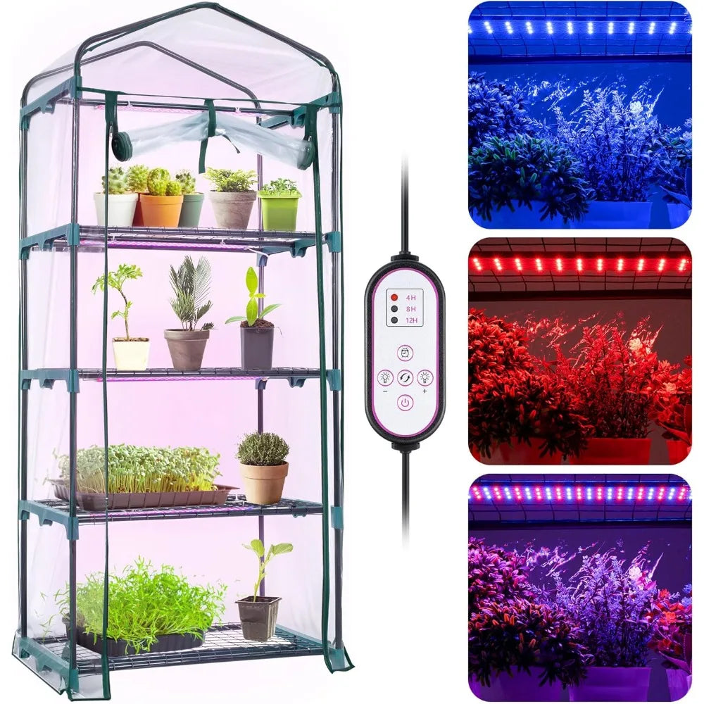 4-Layer Mini Greenhouse with Growth Lights,Equipped with Roller Shutter, Zipper, PVC Waterproof Cover and Tray