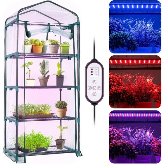 4-Layer Mini Greenhouse with Growth Lights,Equipped with Roller Shutter, Zipper, PVC Waterproof Cover and Tray