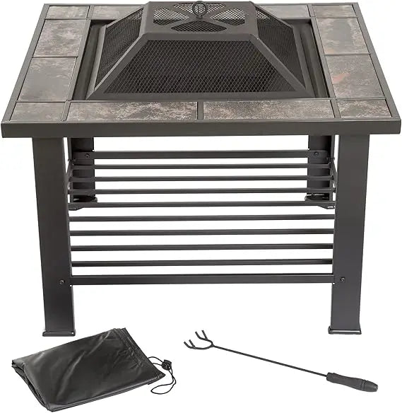 Fire Pit Set, Log Poker - Great for Outdoor and Patio, 32” Square Tile