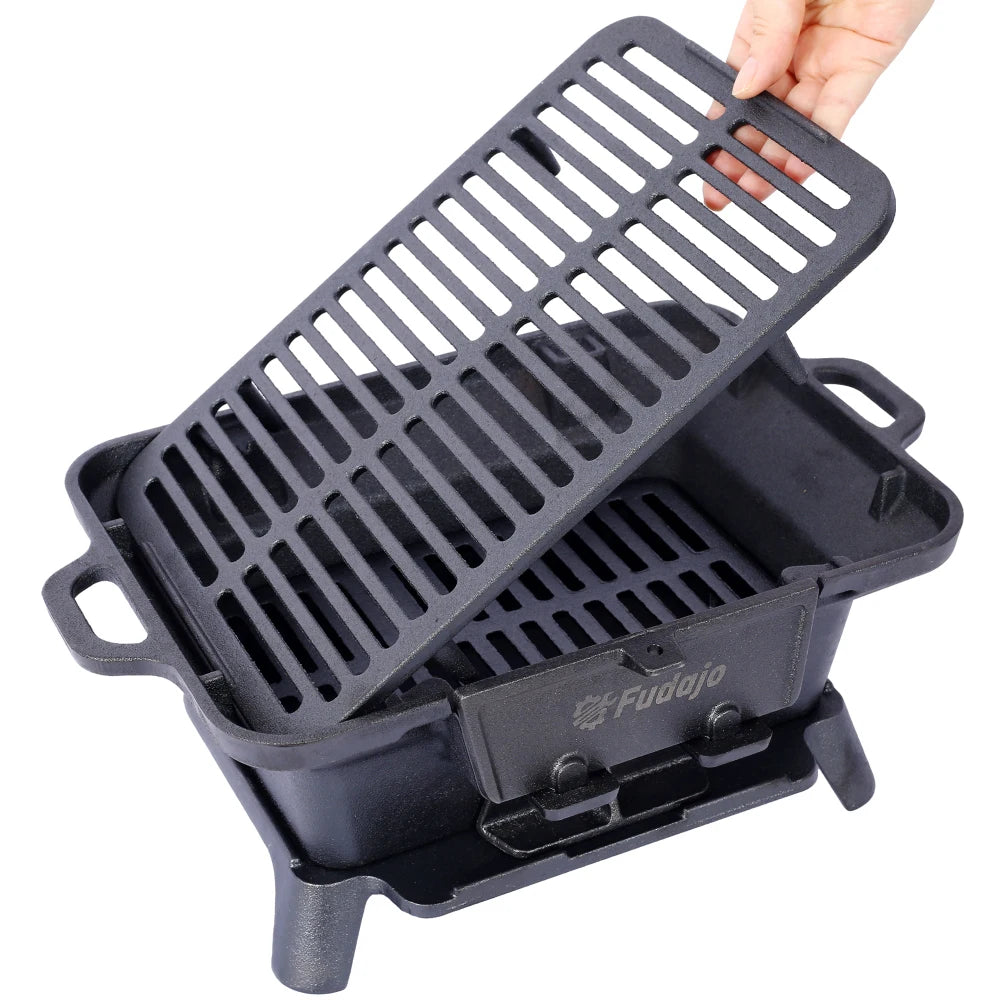 Oval Cast Iron Grill Outdoor, Portable Charcoal Grill and Tabletop Cast Iron Skillet - 100% Cast Iron, Enameled, Durable
