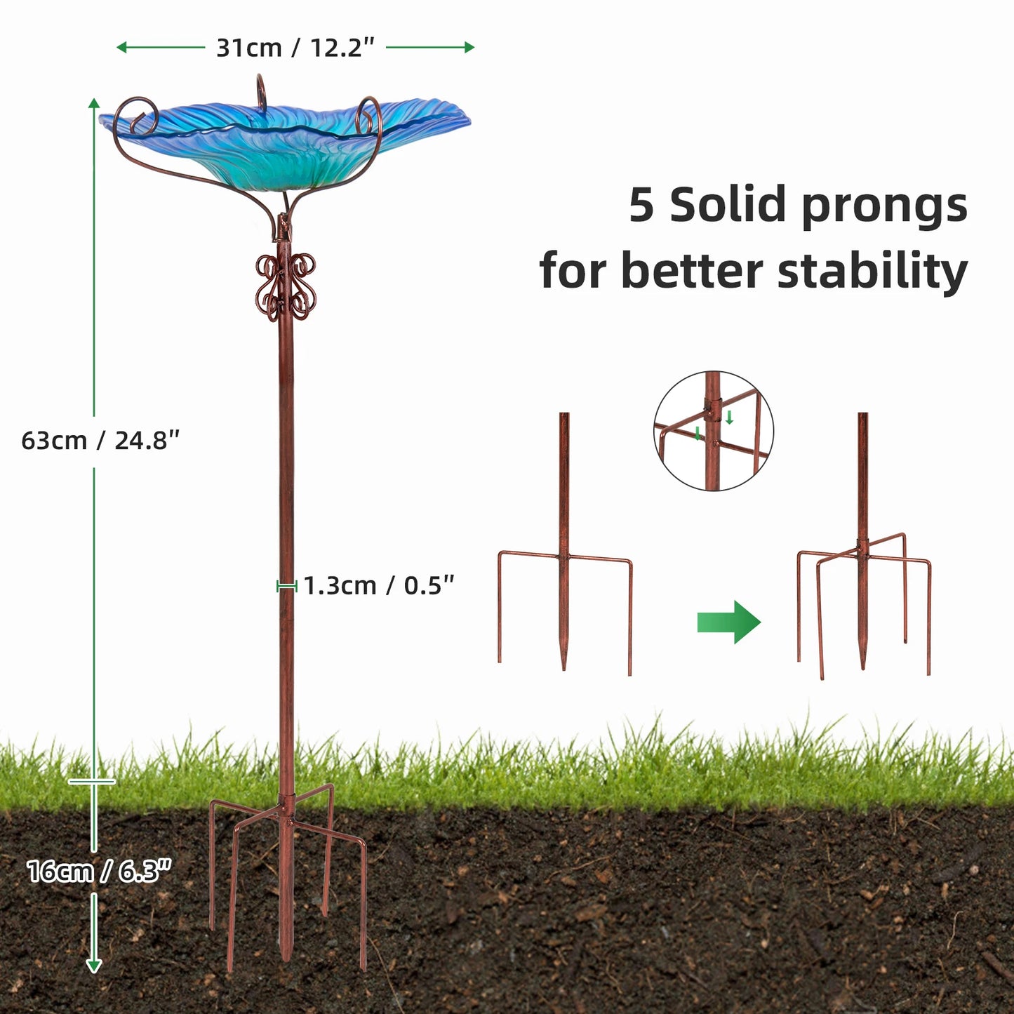 Glass Bird Bath with Stake for Yard Garden, 4-Prong Freestanding Bowl, Outdoor Fountain
