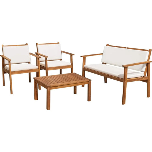 4 Piece Acacia Wood Sofa Set with Table & Cushions