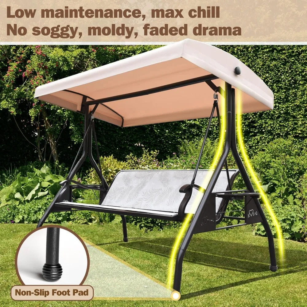 3 Person Patio Swing  for Adults, with Adjustable Canopy &Upgraded Cup Holders,Textilene Fabric Porch Swing Chair