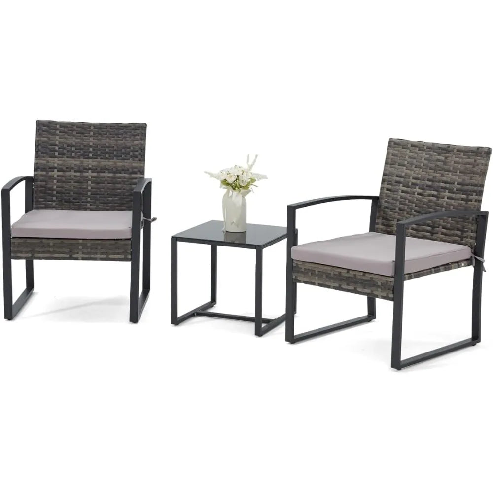 3 Pieces Patio Furniture Set, Outdoor with Coffee Table, Durable Steel Frame with Strapped Cushions for Garden