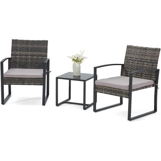 3 Pieces Patio Furniture Set, Outdoor with Coffee Table, Durable Steel Frame with Strapped Cushions for Garden