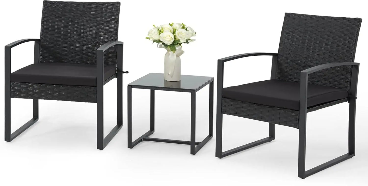 3 Pieces Patio Furniture Set, Outdoor with Coffee Table, Durable Steel Frame with Strapped Cushions for Garden