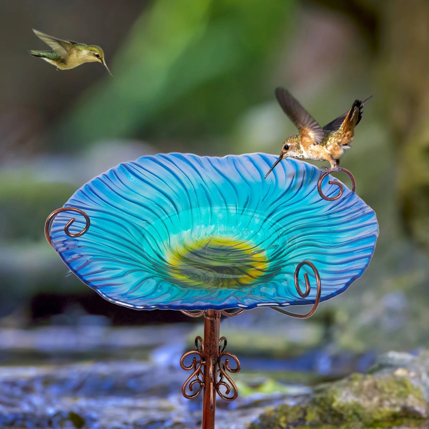 Glass Bird Bath with Stake for Yard Garden, 4-Prong Freestanding Bowl, Outdoor Fountain
