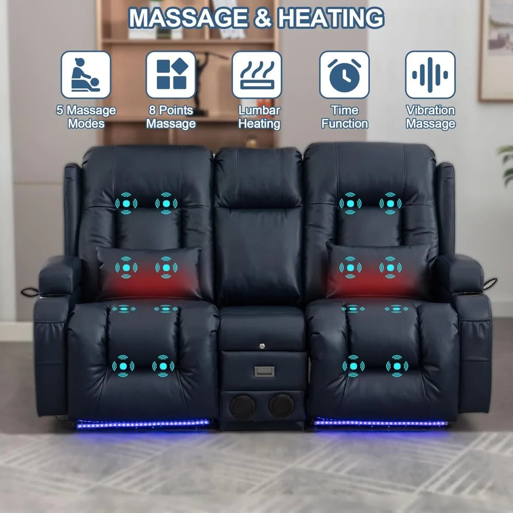 Power Loveseat Recliner Sofa with Massage & Heat Home Theater Seating with Console Electric Recliner RV Sofa