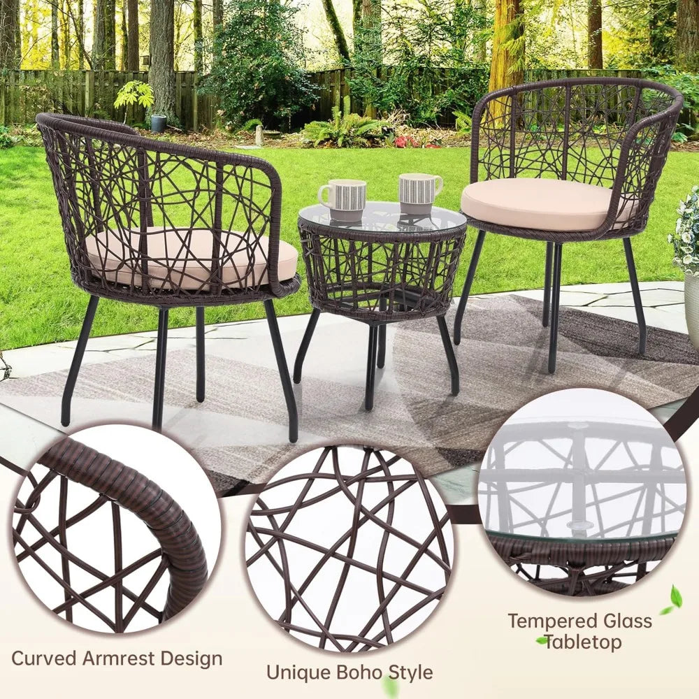 Boho 3 Piece Bistro Set, Modern Outdoor Wicker Patio Furniture with Tempered Glass Table Top and 2 Chairs, Washable Cushions, B