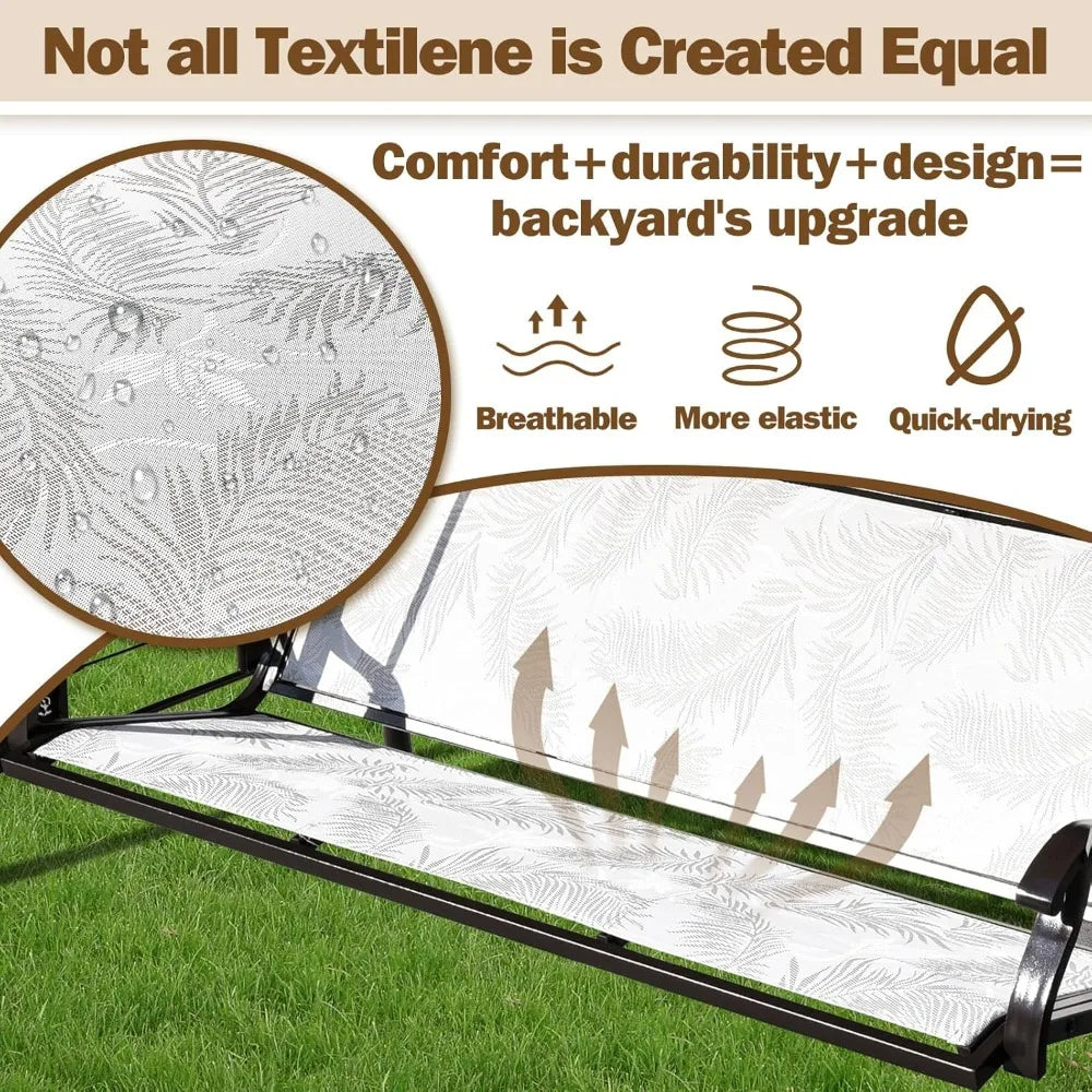 3 Person Patio Swing  for Adults, with Adjustable Canopy &Upgraded Cup Holders,Textilene Fabric Porch Swing Chair