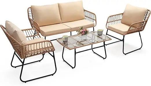 Boho 3 Piece Bistro Set, Modern Outdoor Wicker Patio Furniture with Tempered Glass Table Top and 2 Chairs, Washable Cushions, B
