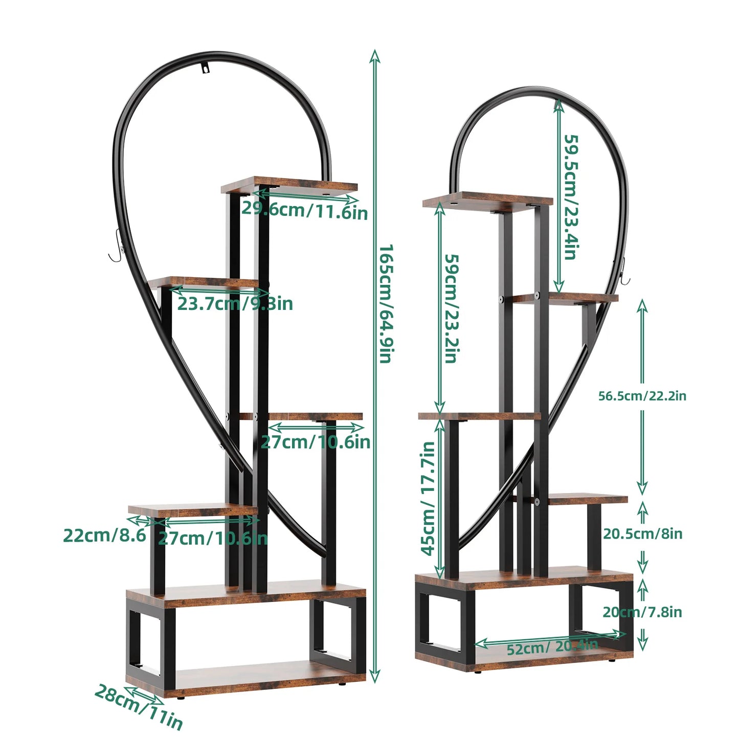 2X Plant Stand Half Heart Shaped Planter Rack Flower Display w/ Hooks Garden Ladder Planting Shelf(Excluding light string)