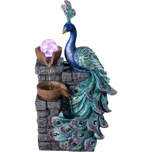 Water Fountain Decor, Peacock with LED Glass Color Changing Globe,Relaxation Decorative Desktop Water Zen Fountain