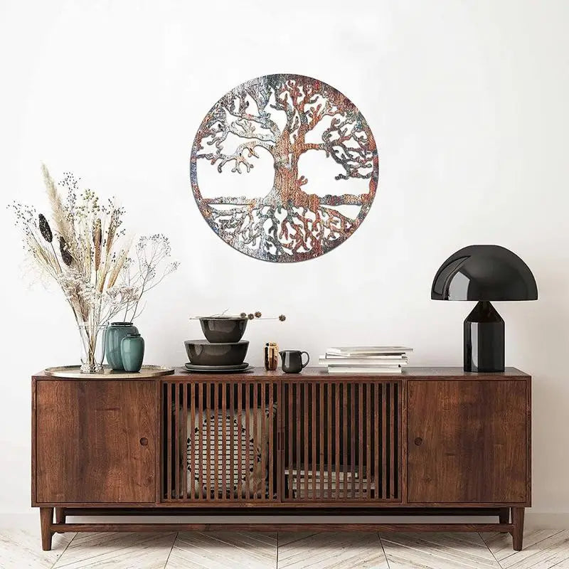 D Iron Tree Wall Sculpture Life Tree Silhouette Decor Wall Art Hollowed Out Hanging Sign For