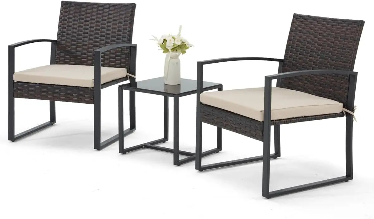3 Pieces Patio Furniture Set, Outdoor with Coffee Table, Durable Steel Frame with Strapped Cushions for Garden
