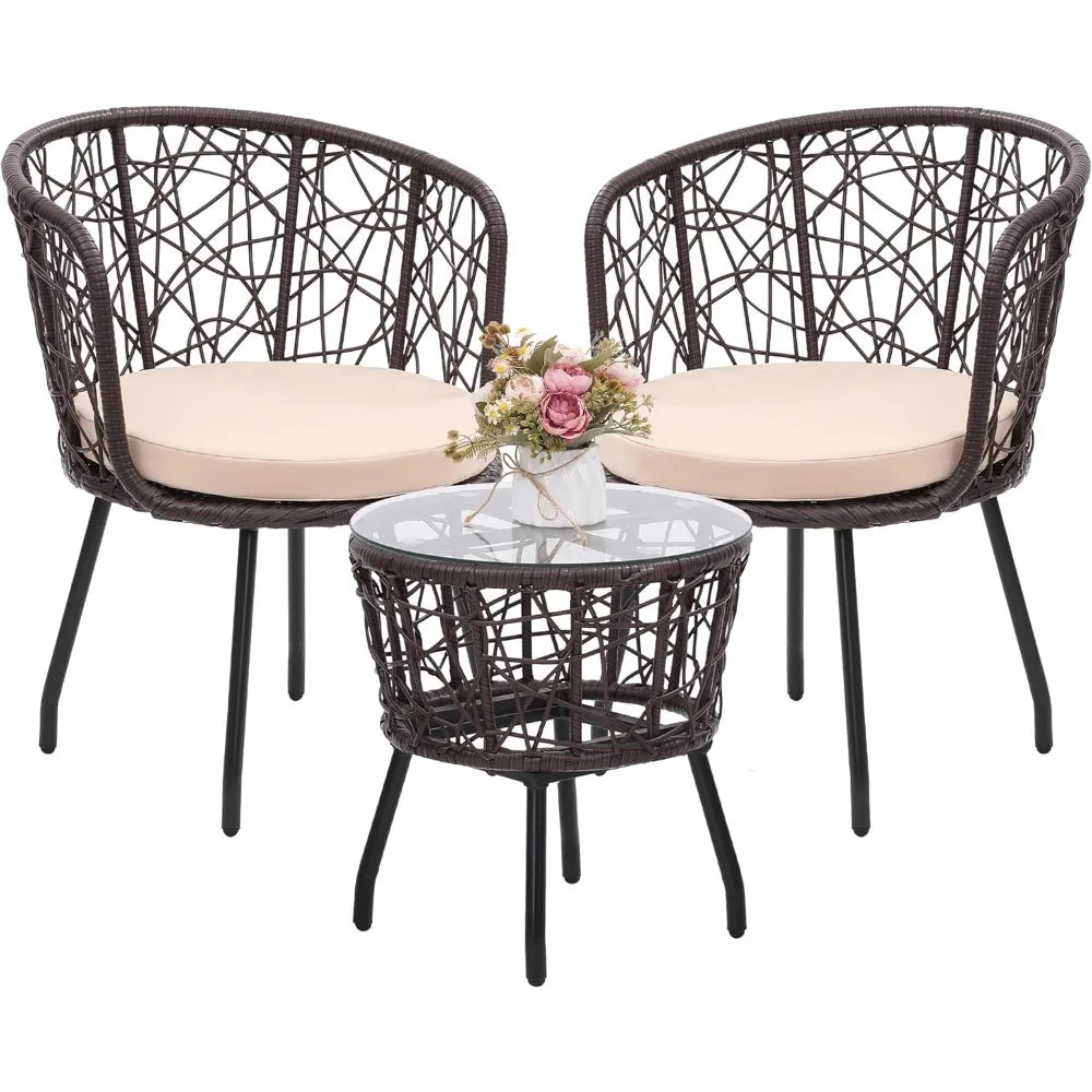 Boho 3 Piece Bistro Set, Modern Outdoor Wicker Patio Furniture with Tempered Glass Table Top and 2 Chairs, Washable Cushions, B