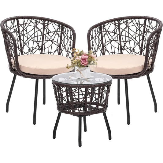 Boho 3 Piece Bistro Set, Modern Outdoor Wicker Patio Furniture with Tempered Glass Table Top and 2 Chairs, Washable Cushions, B